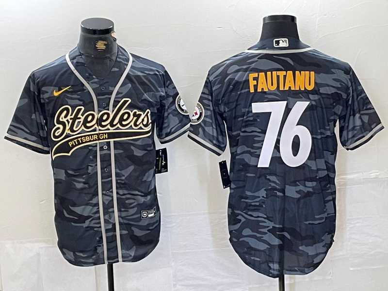 Mens Pittsburgh Steelers #76 Troy Fautanu Grey Camo With Patch Cool Base Stitched Baseball Jersey